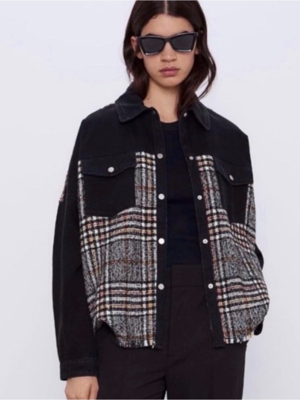 ZARA Contrast Black Denim
Tweed Plaid Mix Snaps Outer Jacket Shacket XS